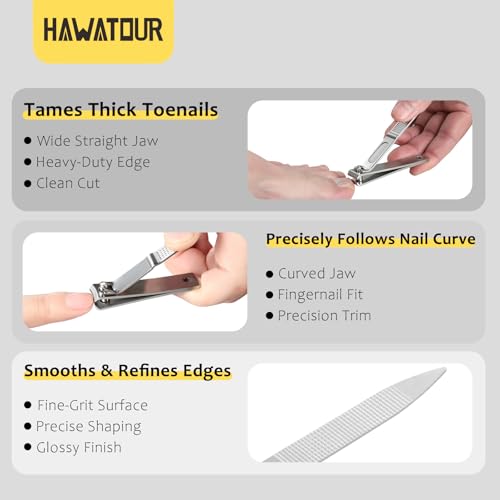 HAWATOUR Nail Clippers 3-Piece Kit with Separate Nail File, Silver
