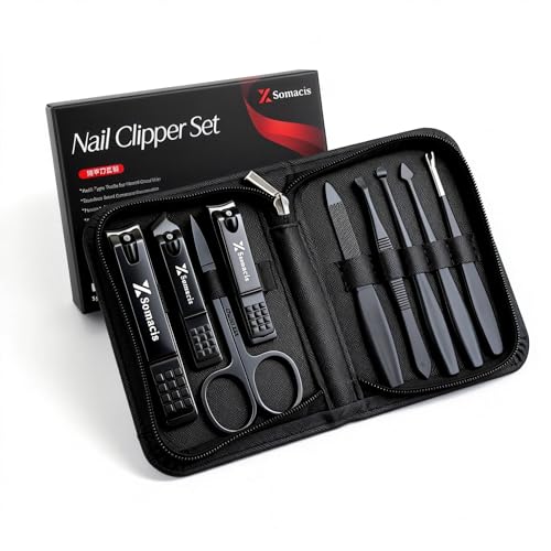 Manicure Pedicure Set, 9pcs Stainless Steel Nail Clippers Grooming Kit, Professional Complete Manicure Kit for Men, Mini Travel Nail Care Tools with Bag (Black)