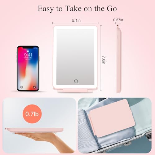 FUNTOUCH Rechargeable Travel Makeup Mirror with 72 Led Lights Pink