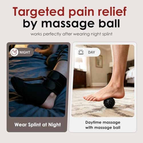 Plantar Fasciitis Night Splint Sock, Upgraded Achilles Tendonitis Brace with Massage Ball for Women & Men, Soft & Comfortable Foot Drop Night Splint for Morning Pain Relief, Large-Black