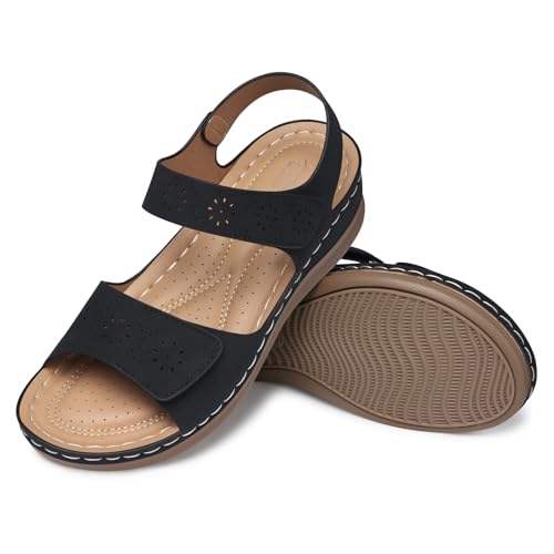 SHIBEVER Women Flat Sandals Comfortable: Arch Support Sandals Dressy 9 Black