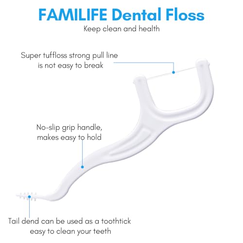 FAMILIFE Floss Picks, 240 Count Mint Dental Floss Picks with 4 Travel Handy Cases and 200 Count Unflavored Dental Floss Picks with 4 Travel Handy Cases