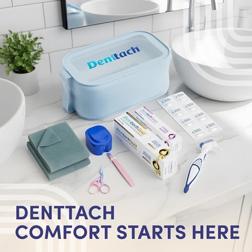 Denture Starter Kit, 9 Piece Kit Includes Denttach Seven Thermoplastic Denture Adhesive, Gold Denture Adhesive, Clean Tablets, Case, Brush, Scissors, Tweezers, Microfiber Towel & Travel Case