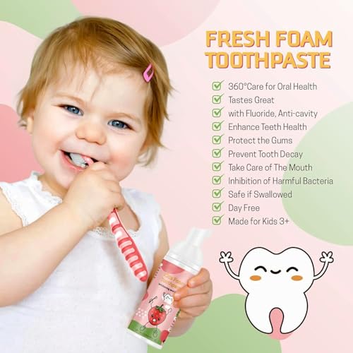 Foam Toothpaste Kids, Kids Mouthwash with Fruit Flavor - Toddler Toothpaste Age for Children, 360ºCare Natural Anti-Cavity Formulas with Fluoride for U-Shape Toothbrushes 4 Flavors Toothpaste