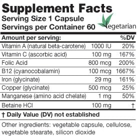 Karuna Iron Plus | 60 Vegetarian Capsules | Iron (glycinate) 29mg, Vitamin A, B12, C, folic Acid, Copper, Manganese, Betaine HCI 100mg