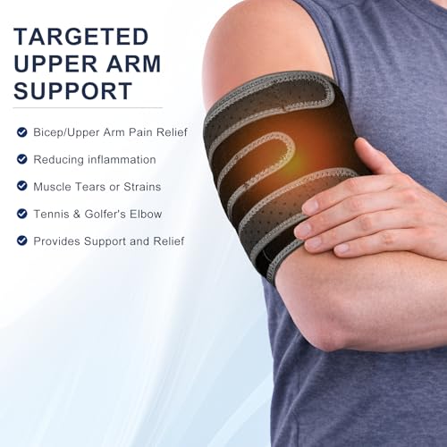 Bicep Tendonitis Brace for Pain Relief, Upper Arm Compression Support with Dual Spring Stabilizers for Biceps & Triceps, Adjustable Arm Compression Wrap for Sports, Gym & Daily Use S/M