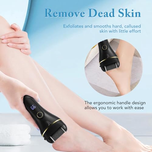 VINGVO Electric Feet Callus Remover, Rechargeable IPX5 Foot Care Pedicure Kit, for Dead Skin&Cracked Heel, Electric Foot File Set with 3 Roller Heads (Black) Black