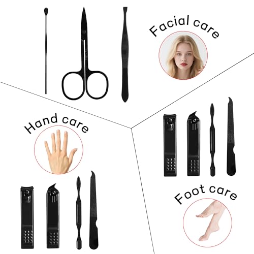 Manicure Set Gift for Men Women, Easter Basket Stuffers for Teen Boys Girls, 7 in 1 Finger and Toe Nail Clippers Kit, Personal Care Tools Accessories Pedicure Kits with Travel Case Nail Grooming Kit Black