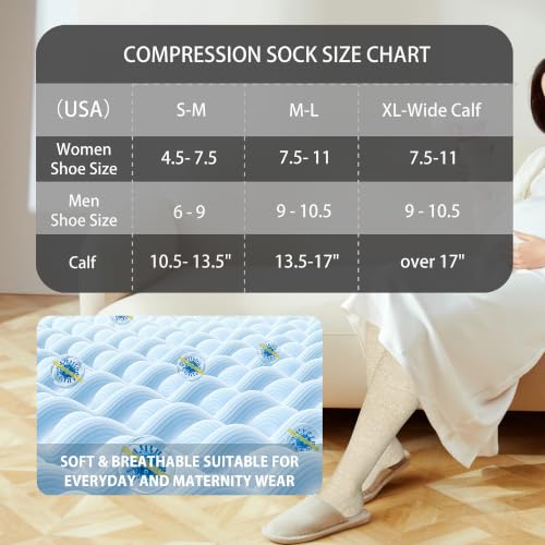 LEVSOX Cotton Compression Socks for Women&Men 20-30mmHg Knee High Cute Support Sock for Nurses Pregnancy Travel 2 Pairs-grey&beige Medium-Large