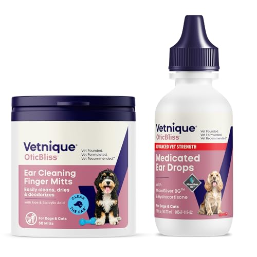 Oticbliss Ear Care Bundle with Cleaning & Drying Ear Finger Mitts 50 Ct. and Vet-Strength Ear Infection Drops with MicroSilver for Cat & Dog Ear Cleaning, Drying, & Ear Infections