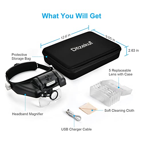 Dilzekui Black 1X to 14X Headband Magnifying Glass with Carry Bag and Spare Set of Headlamp