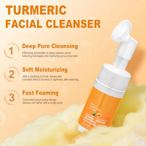 Turmeric Wash and Care 4 Piece Set,Turmeric Skincare Set: Turmeric Facial Cleanser,Cleansing Pad,Soap bar & Essential Oil, Deep Cleansing for Face & Body 5 Ounce (Pack of 1) orange