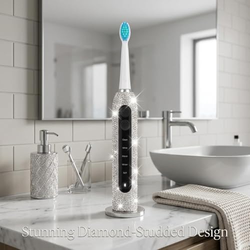 Diamond Sonic Electric Toothbrush Bling Rechargeable Toothbrushes for Adults with 6 Brush Heads Vibrating Toothbrush-5 Modes, USB-C Fast Charge,2Min Smart Timer,IPX7 Waterproof(White) White
