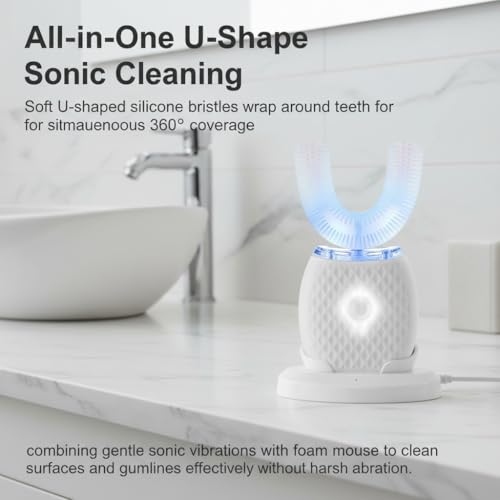 All-in-One U-Shaped Toothbrush for Adults, Ultrasonic Clean & Blue LED Light, Rechargeable with Charging Base (White)