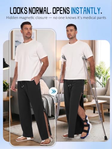Men's Magnetic Tear Away Side Snap Open Pants Catheter Adaptive Post Surgery Knee Ankle Rehab Pants for Recovery Wear Small Black