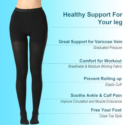 Medical Compression Pantyhose 20-30mmHg,Medical Hose Tights Women Medium Closed Toe Black