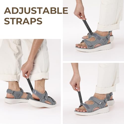 FitVille Wide Orthopedic Women's Sandals Wide Width Walking Sandals for Women Plantar Fasciitis & Swollen Feet with Adjustable Ankle Strap 8 Wide Grey
