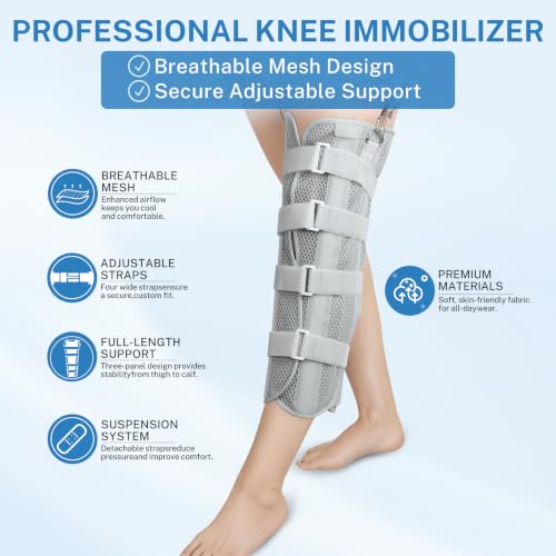 3-Panel Knee Immobilizer Brace - Post-Op Leg Stabilizer for Pre-and Postoperative Injuries, Ligament Tears, and Fractures - Straight Leg Support with Anti-Slip Shoulder Strap