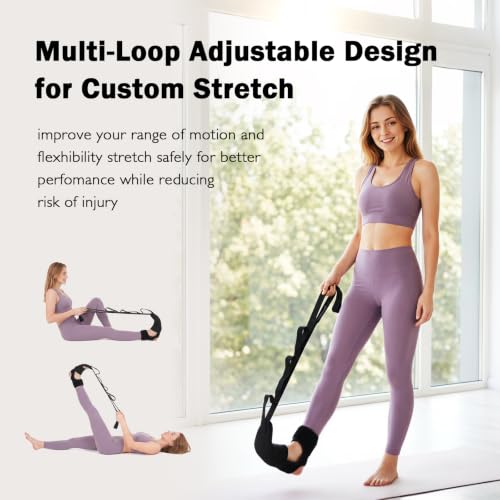 Plantar Fasciitis Night Splint Stretcher, Foot and Calf Streching Strap for Heel Spurs, Foot Drop, Achilles Tendonitis & Hamstring, Yoga Foot & Leg Stretch Strap with Black Massage Ball