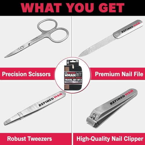 BLKSMITH Refined Man Manicure and Pedicure Kit Set of 5 - Manicure Kit for Men - Nail Clipper Kit with Nail File, Clippers, Scissors, Tweezer & Travel Case - Designed for Men (Black) Black
