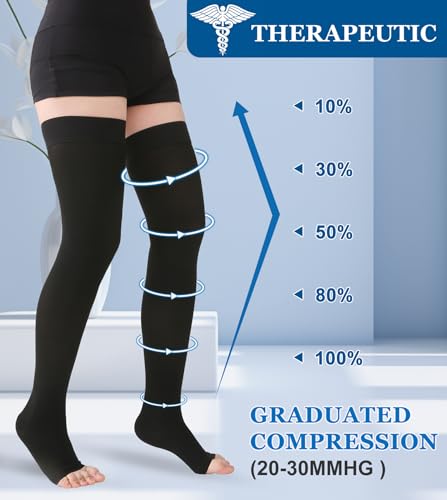 MGANG 20-30mmHg Thigh High Compression Stockings, Varicose Veins, Recovery 20-30mmhg Black Medium