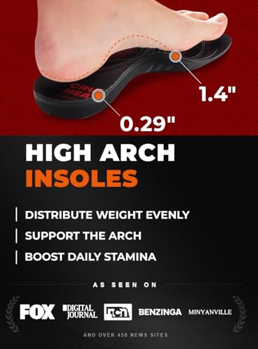 CRUVHEAL 220+ lbs Plantar Fasciitis Insoles Men High Arch Support Black, L 1 Pair-black L(Men 11-12.5/Women 12-13.5)