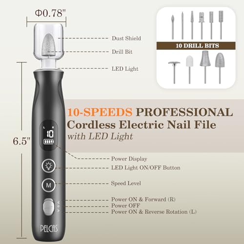 PELCAS Electric Nail Grinder, 10 Speeds Cordless Nail Drill with LED Light Grey