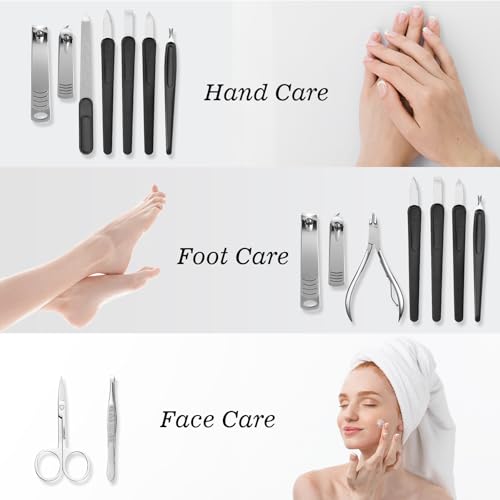 10 in 1 Manicure Pedicure Kit Carbon Steel Nail Clippers & Stainless Steel Grooming Tools, Portable Marble PU Leather Zipper Nail Care Set, Gift for Men Women,Gray Gray
