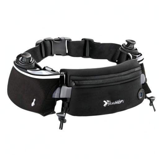 Number-one Running Belt with Water Bottles(2 x 175ML), Hydration Belt Waterproof Waist Pack Bag Fits iPhones Adjustable Sports Waist Pouch for Marathon Running Hiking Cycling Black