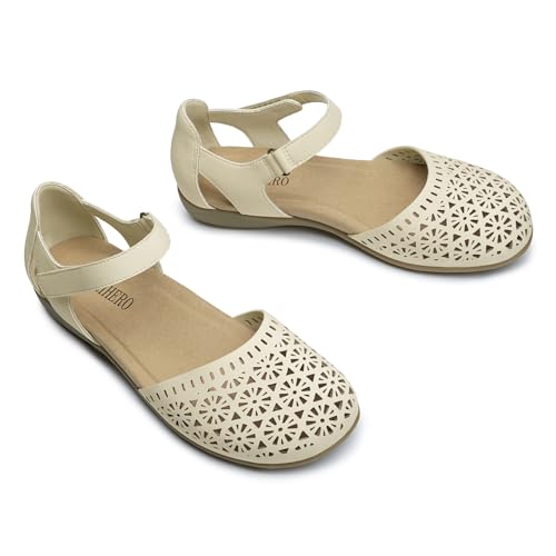 Rihero Women's Comfortable Closed Toe Flat Sandals 8.5 Cream Hollow