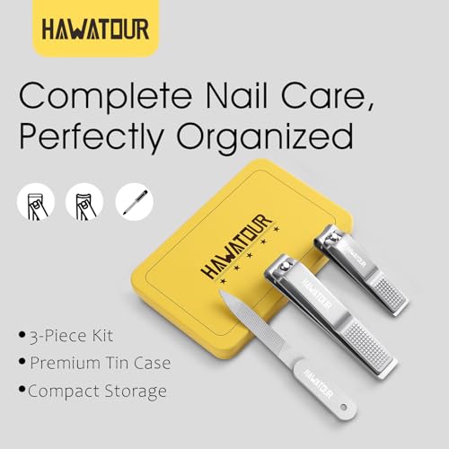 HAWATOUR Nail Clippers 3-Piece Kit with Separate Nail File, Silver