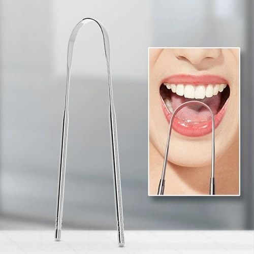 Tongue Cleaner with 2 Mini Hooks Medical Grade Stainless Steel Tongue Brush for Adults and Kids Reduce Bad Breath Tongue Scraper (2 Pack)