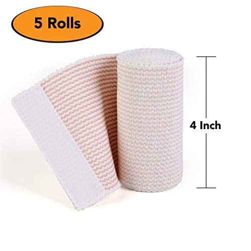 Hospora Thick Latex-Free Compression Cotton Elastic Bandage (4 inches, 5 Rolls) 4 Inch (Pack of 5)