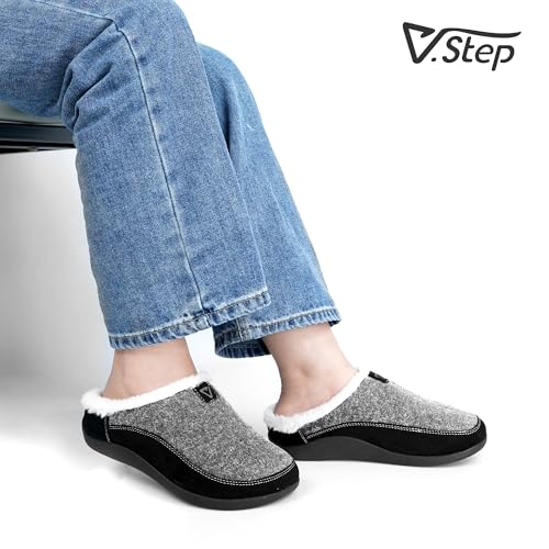 V.Step Orthopedic Slipper with Arch Support, Orthotic Slipper for Plantar Fasciitis Pain Relief,House Slipper for Man Women, Sherpa Lining Bedroom Slipper Shoe Indoor Outdoor Anti-Skid Rubber Sole 9 Wide Women/8 Men Grey