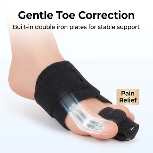 Hammer Toe Corrector for Men & Women, Adjustable Toe Straightener with Touch Fastener & Iron Support Plate, Pain Relief for Curled, Bent, or Overlapping Toes, Fits Most Footwear (Black, 1 Pack)