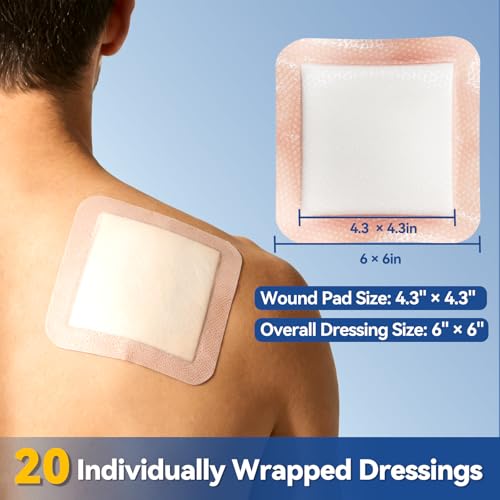Dimora 20 Count Silicone Super Absorbent Wound Dressing 6" x 6" - Large Adhesive Bandage for Heavy Exudate, Border Wound Care Pads for Pressure Sore and Post-Surgical Incisions 6"x 6" - 20 pcs