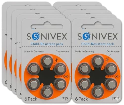 SONIVEX® Hearing Aid Batteries Size 13, PR48, Zinc-Air, Mercury Free, Made in Germany, 60 Count (10 Packs of 6) Size 13 Hearing Aid Batteries