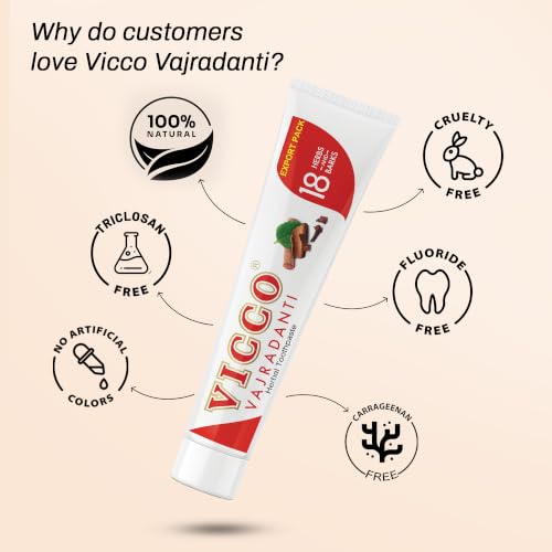 Vicco Vajradanti Ayurvedic Herbal Toothpaste for Oral Care & Gum Health - 70 Year Legacy of Ayurveda, with 18 Ayurvedic Herbs & Barks, Fluoride-Free - 3.53 oz (5 Pack)