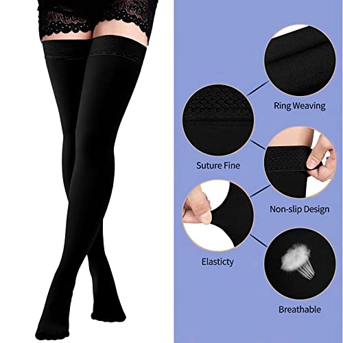 Compression Stockings for Women & Men, 15-20mmHg Thigh High Compression Socks,Closed Toe Medical Compression Socks with Silicone Dot Band-Best Support for Running Nursing Sports Varicose Veins Black X-Large