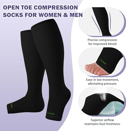 LEVSOX Open Toe Compression Socks for Women & Men 20-30mmHg Toeless Sock Knee High Support Stockings for Circulation Nurses Pregnant Travel X-Large 3 Pairs/Black
