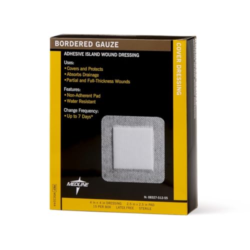 Medline Bordered Gauze, 4" x 4" Adhesive Island Wound Dressing, Sterile, 15 Count 15 Count (Pack of 1)
