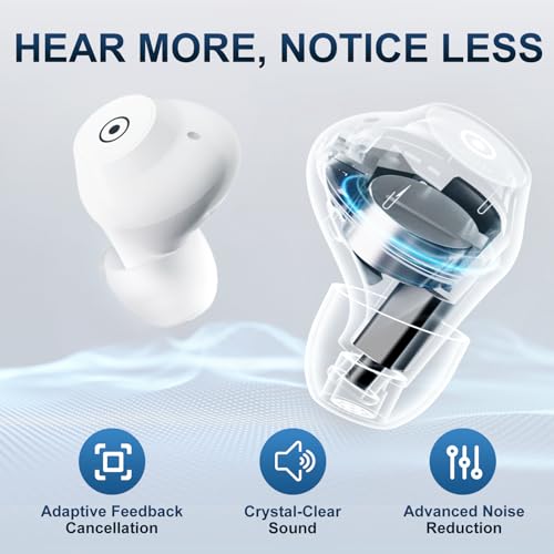JINGHAO Rechargeable Digital Hearing Aids for Seniors Adults In-Ear Discreet Design, In-Ear Touch Control Automatic Noise Cancellation, Volume Levels, 4 Scene Modes, 120H Long Battery