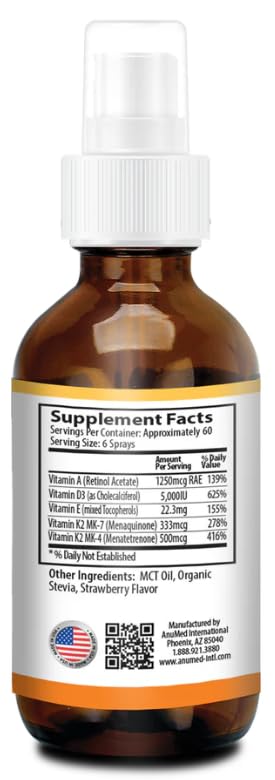 Vitamin D3 K2 5,000 IU Liquid Spray with Organic MCT Oil, Vitamin A (Retinol) 1250mcg, K2 (MK4, MK7) Promotes Heart, Bones, Immune System. 100% Vegan, Non-GMO, No Sugar Added (2oz) (Strawberry) Strawberry