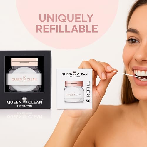 Queen of Clean Dispenser: Includes 2 x 54 Yard Roll of White Dental Floss Tape – Easy, Comfortable, Fun & Effective Flossing, PFAS-Free, Vegan-Friendly, Fresh Mint Flavour. Seriously Good Floss
