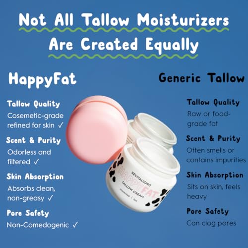 HappyFat Whipped Beef Tallow Moisturizer - USA Made - With Raw Manuka Honey, Organic Jojoba Oil, Marigold Flower, Vitamin E - 100% Grass Fed & Finished - For Sensitive Skin - Unscented 2oz