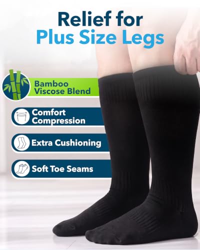 Doctor's Select® 3 Pairs Plus Size Compression Socks Wide Calf - Bamboo Viscose Knee High Socks | Circulation Support 4X-Large 02 - All Black - 3 Pairs