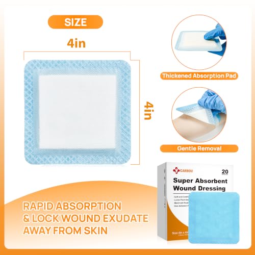 Carbou 4" x 4" Super Absorbent Wound Dressing, 20 Pack, Non-Adhesive Pads 4"x 4"(Pack of 20)