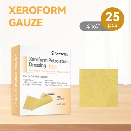 Jointown Xeroform Petrolatum Dressing Bandages, Soft Mesh Gauze Patch for Wound Care, Burns, Lacerations, Skin Grafts & Surgical Incisions, 4"x4", 25 Individual Pack 4"×4"
