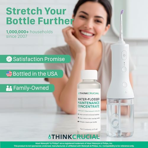 Up to 36 Cleans Think Crucial Water Flosser Cleaner & Descaler Rinse 6oz Super Concentrate - Compatible with All Waterpik Models (WP-660/662, WP-580, WP-560, WP-100) & Philips Sonicare 3000 & More