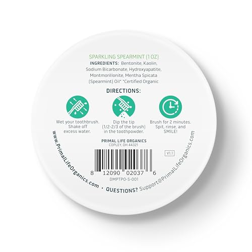 Primal Life Organics - Dirty Mouth Toothpowder, Tooth Cleaning Powder, Flavored Essential Oils with Natural Kaolin & Bentonite Clay, Good for 200+ Brushings, Paleo, Organic, Vegan (Spearmint, 1 oz) 1 Ounce (Pack of 1) Sparkling Spearmint